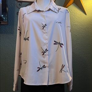 Stylish White Dragonfly Print Button Down Shirt
